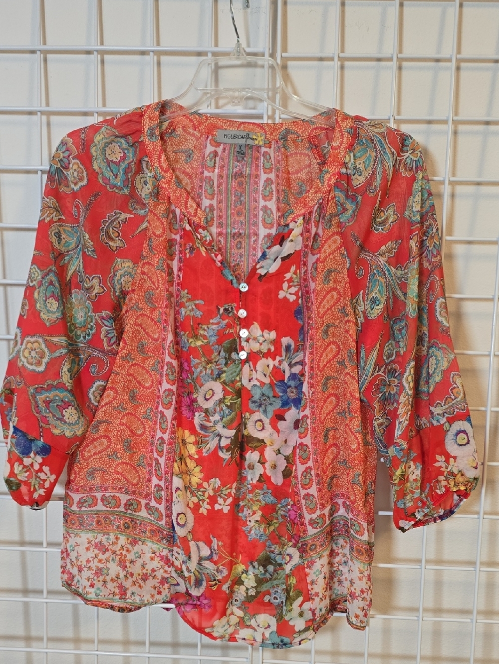 Figueroa & Flower  Coral Multi Boho Floral Paisley Sheer Flowy Blouse Size XL